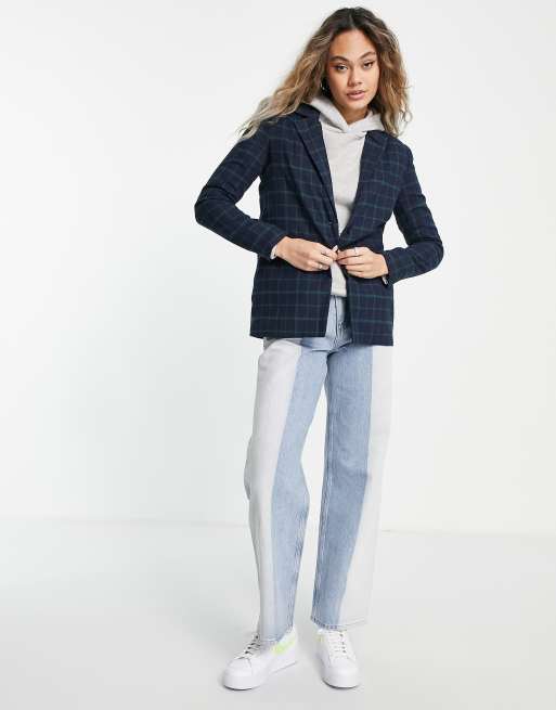 Heartbreak slouchy boyfriend blazer in navy and green check