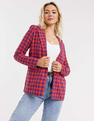 Heartbreak Slouchy Boyfriend Blazer In Red And Blue Check Multi Modesens