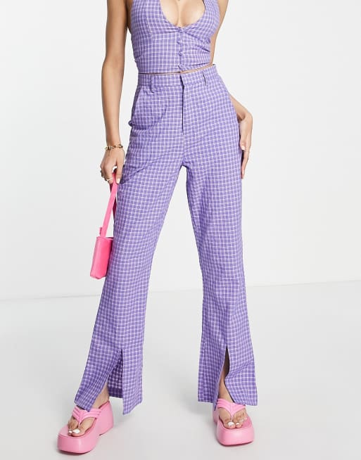 Heartbreak split-front flared pants in purple check (Part of a set)