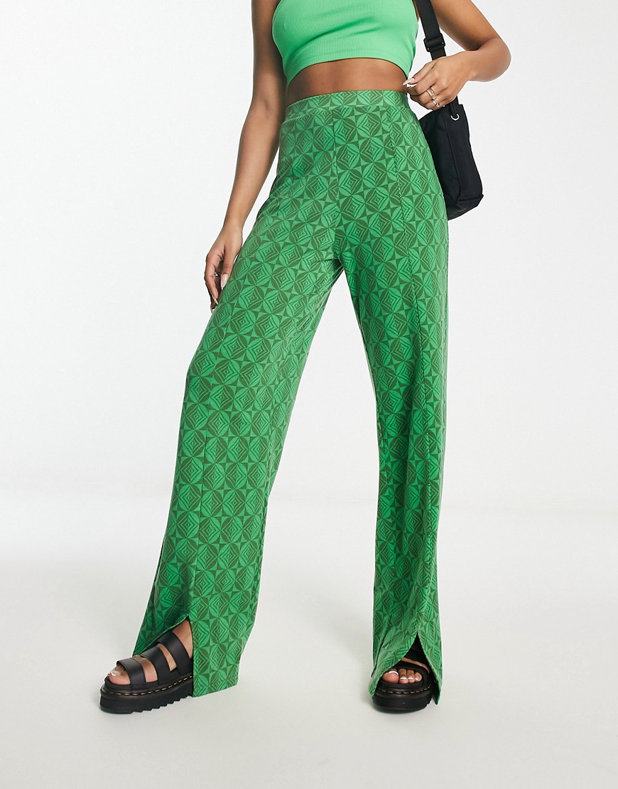 split leg pants in green abstract print - part of a set