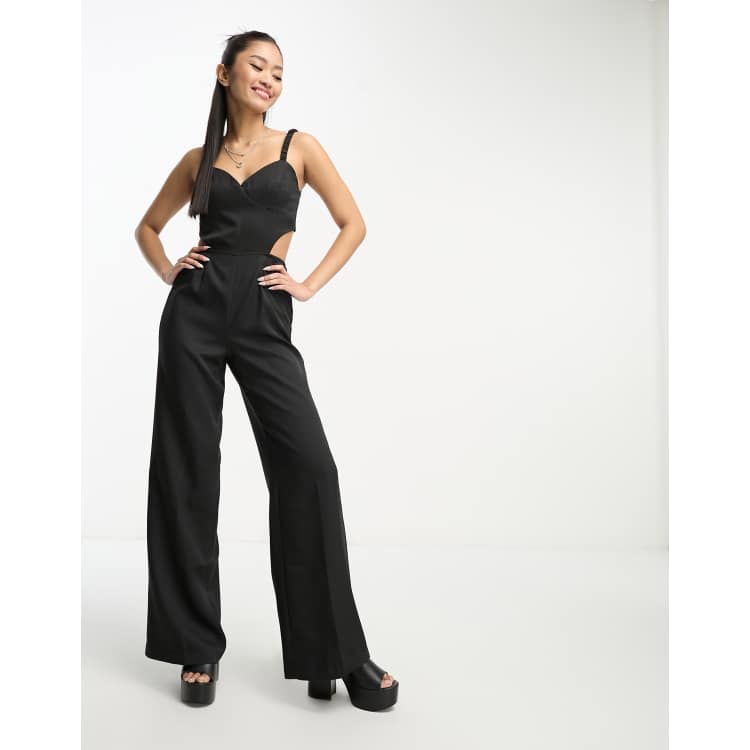 Spliced Openwork Slit Ankle Corset Jumpsuit - ShopperBoard