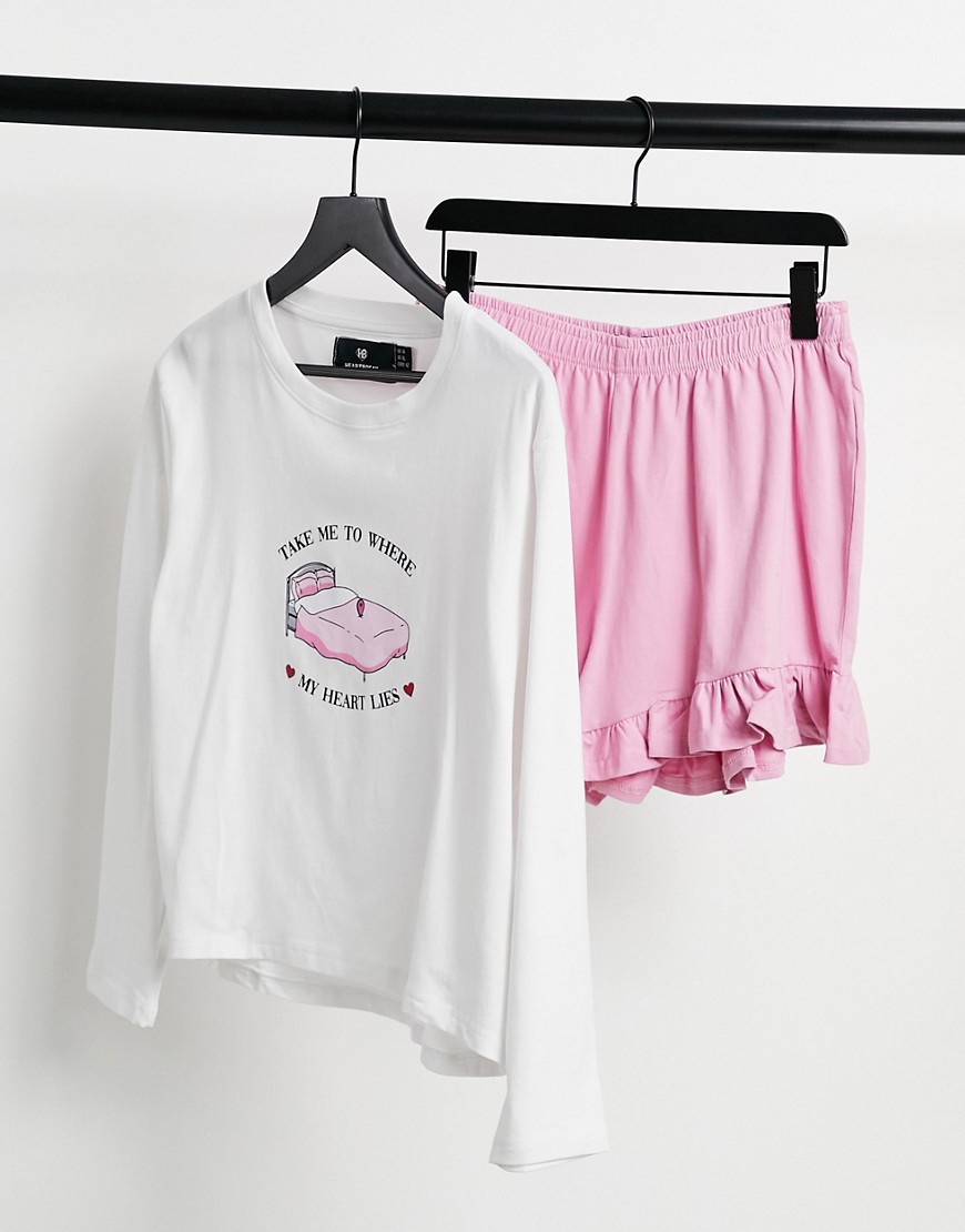 Heartbreak take me to where my heart lies pajama set long sleeved top and frilly shorts in white and pink-Multi