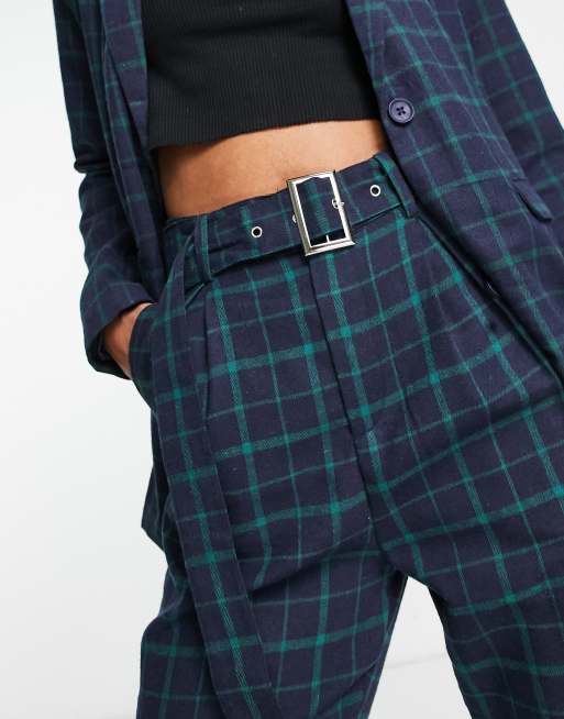 Heartbreak Tall belted tailored pants in navy and green check, 3 of 4
