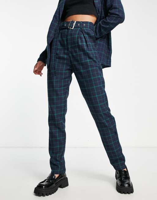 Heartbreak Tall belted tailored pants in navy and green check, 4 of 4