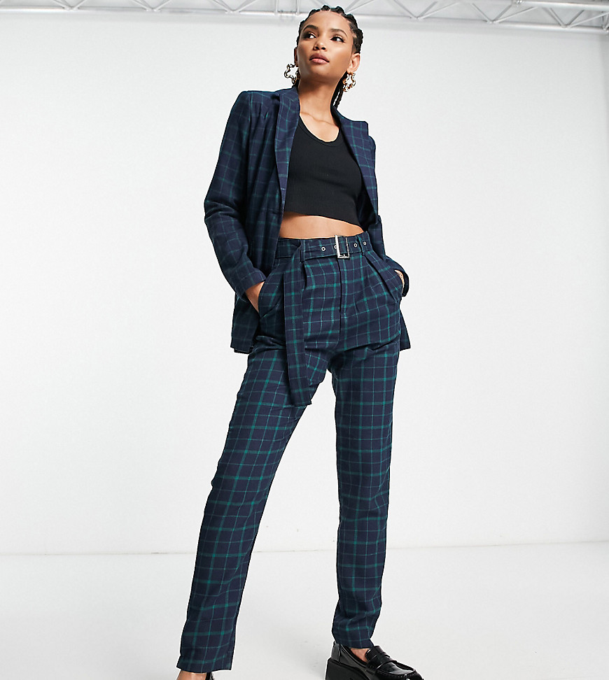 Heartbreak Tall belted tailored trousers in navy and green check