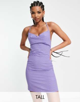 Heartbreak Tall cowl front cami mini dress in purple check-Black