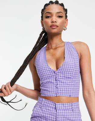 Heartbreak Tall Heartbreak Tall halter neck cropped waistcoat co-ord in purple check-Black