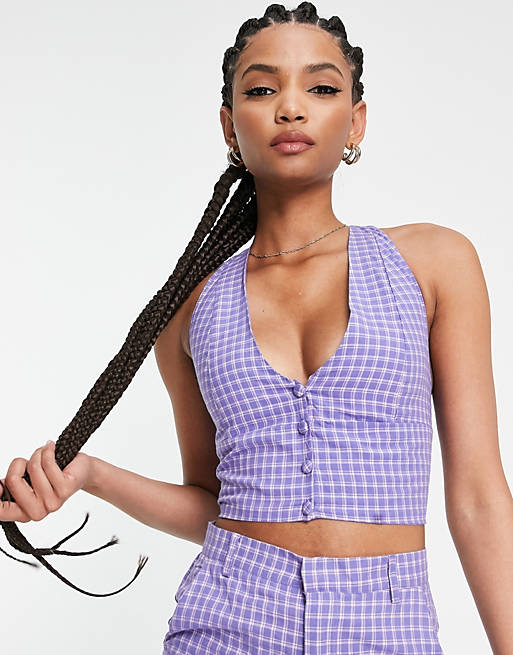 part of a set Halter neck cropped vest in purple check Asos Women Clothing Jackets Waistcoats 