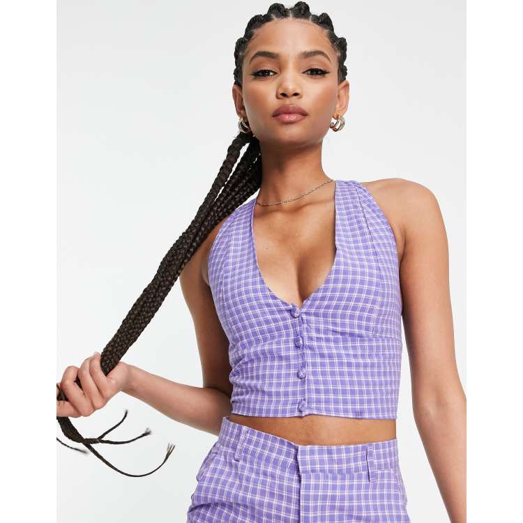 トップス Halterneck Checkjacquard Tops 202065906-1-purplecheck?$