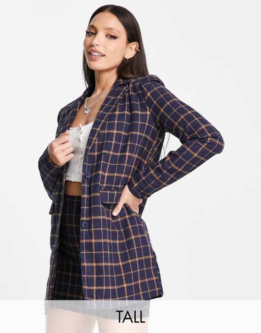 Heartbreak Tall longline boyfriend blazer in navy and orange check