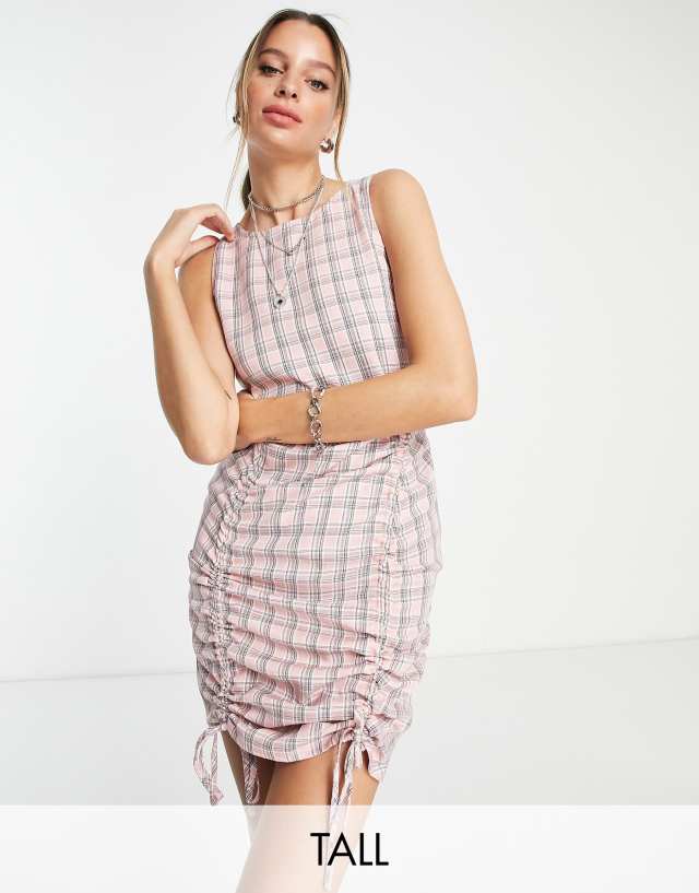 Heartbreak Tall ruched mini dress in pink check