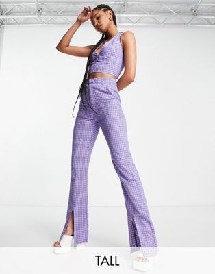 Heartbreak Tall split front flared trousers co-ord in purple check - ASOS Price Checker