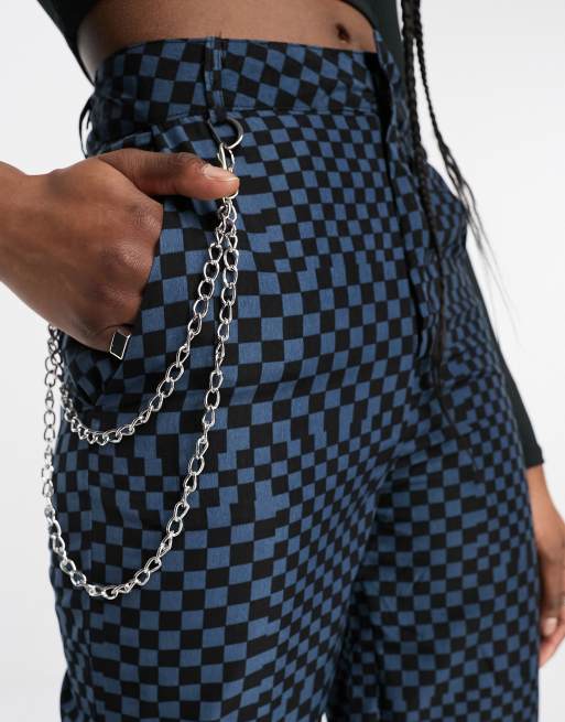 Heartbreak Tall wide leg cargo trousers with detachable chain in blue grid  print