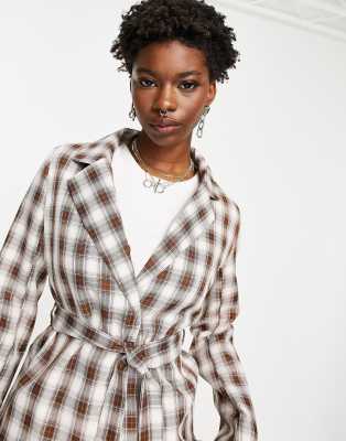 Heartbreak tie waist blazer co-ord in neutral check-Brown