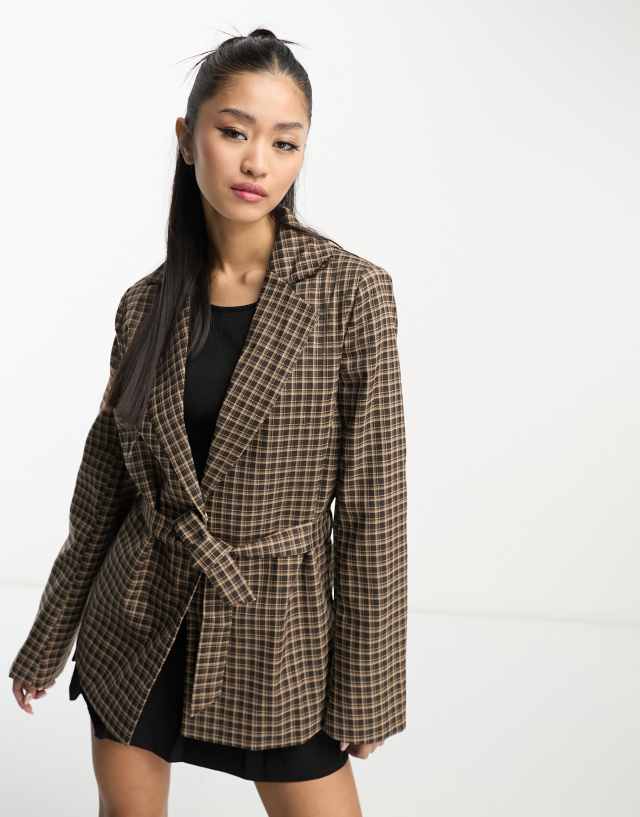 Heartbreak tie waist blazer in brown check - part of a set