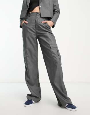 Heartbreak wide leg cargo pants in gray pinstripe - part of a set