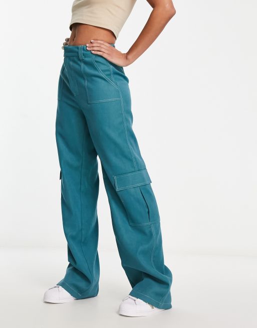 Teal cargo pants & trousers for women, Casual wear - Loose fit.