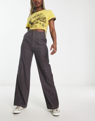 Heartbreak wide leg cargo pants with contrast stitch in