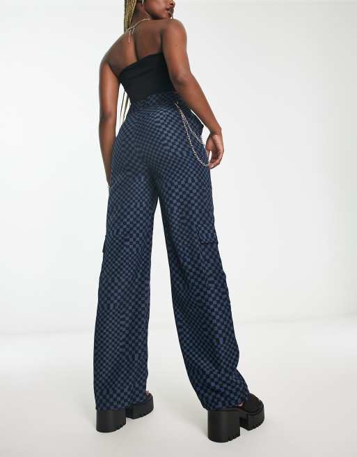 Heartbreak wide leg cargo pants with detachable chain in blue grid print