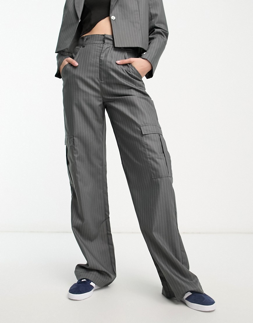 Heartbreak wide leg cargo trousers co-ord in grey pinstripe