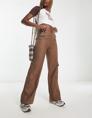 Heartbreak wide leg cargo trousers with contrast stitch in chocolate brown
