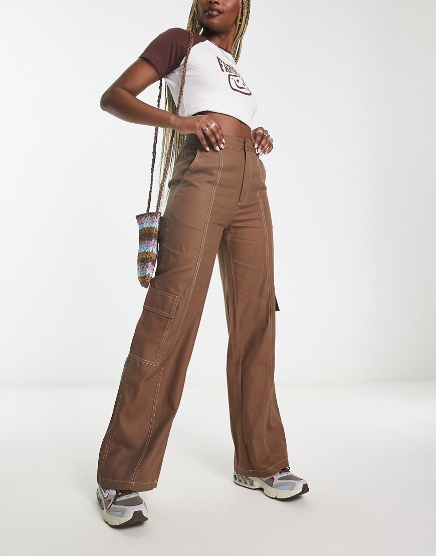Heartbreak wide leg cargo trousers with contrast stitch in chocolate brown