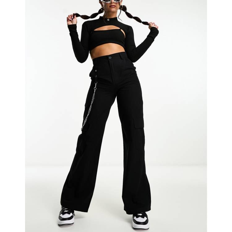 Plt Shape Black Buckle Cargo Wide Leg Pants