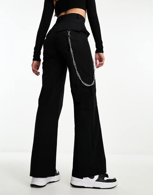 Heartbreak wide leg cargo trousers with detachable chain in black