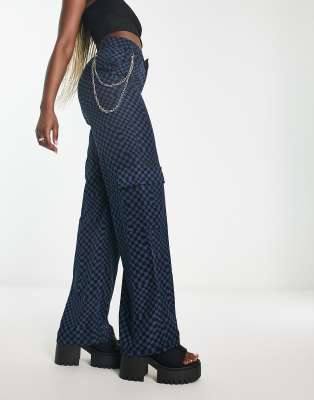 Heartbreak wide leg cargo trousers with detachable chain in blue grid print