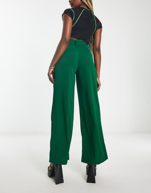 Heartbreak wide leg tie waist belted trousers in green