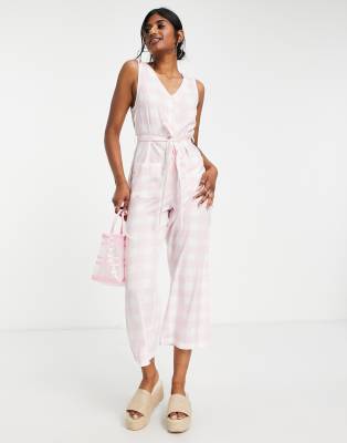 Heartbreak wide leg tie waist jumpsuit in pink check