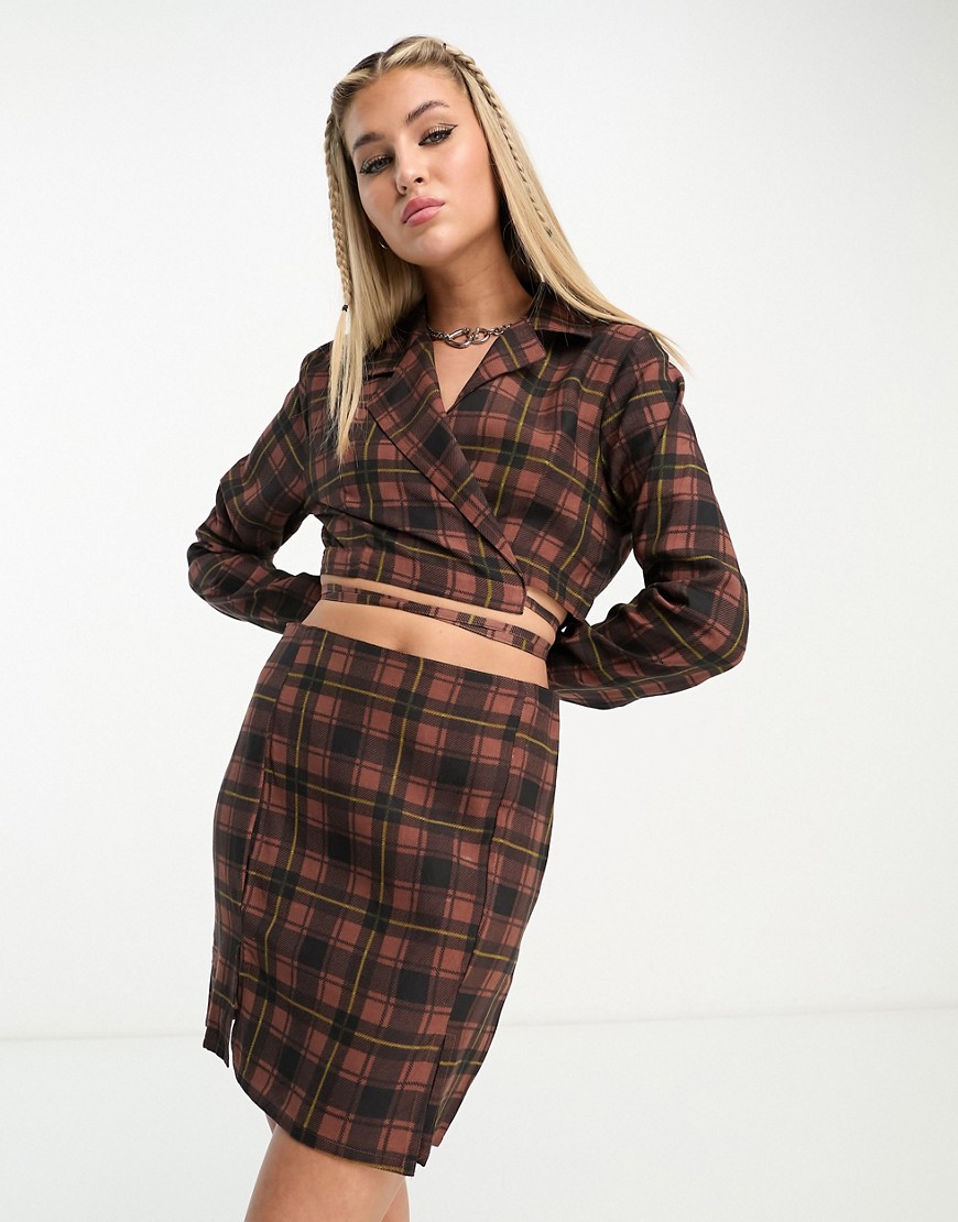 Heartbreak wrap front crop top with tie waist co-ord in brown check