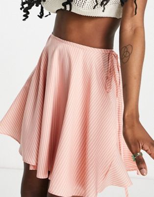 Heartbreak wrap tie side mini skirt co-ord in pink stripe