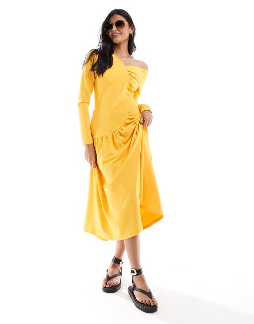 Heathe Abiodun ruched midi dress with drop shoulder in marigold