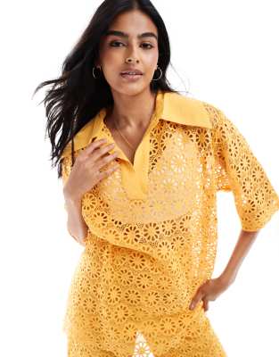 Heathe Adeze overshirt lace collar top co-ord in marigold-Yellow