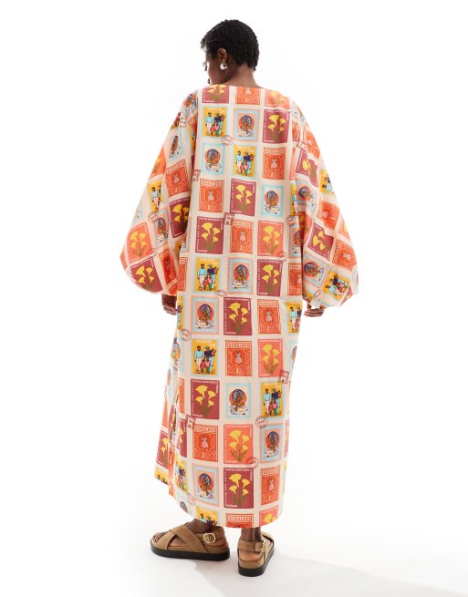 Heathe Allen balloon sleeve midi dress in brown postcard print, 3 of 4