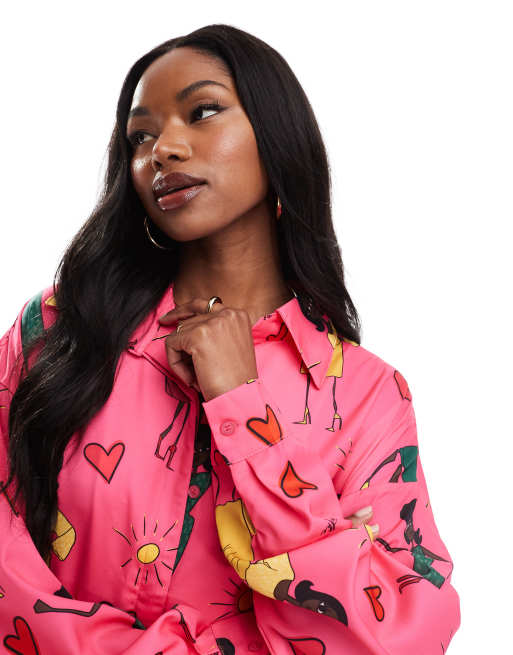 Heathe Ebi longline shirt dress in pink print ASOS