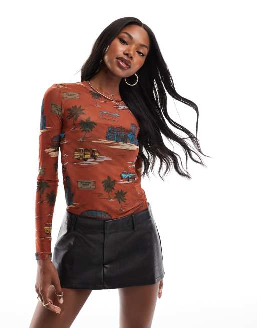 Heathe Eko mesh top in brown print