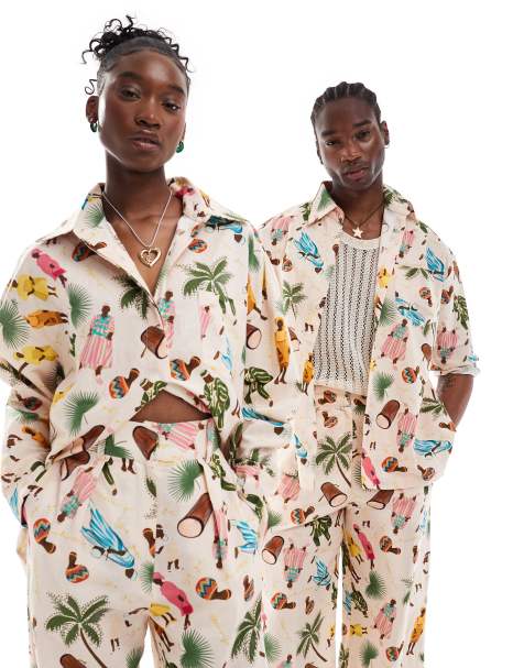 Heathe Unisex Ijoya motif oversized co-ord shirt in cream print - view 1