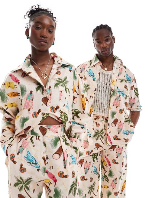 Heathe Unisex Ijoya motif oversized shirt in cream print (part of a set)