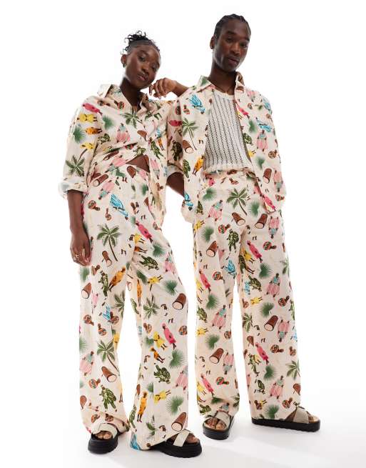 Heathe Unisex Ijoya motif wide leg pants in cream print (part of a set)
