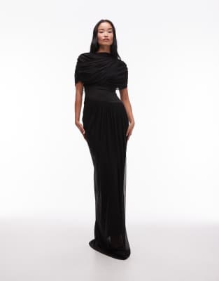 Heiress Beverly Hills - Asymmetrisches Maxikleid in Schwarz mit Netzstoff-Overlay, Drapierung und tiefer Taille