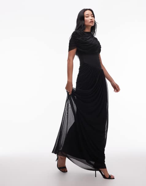 Heiress Beverly Hills – Asymmetrisches Maxikleid in Schwarz mit Netzstoff-Overlay, Drapierung und tiefer Taille - view 1