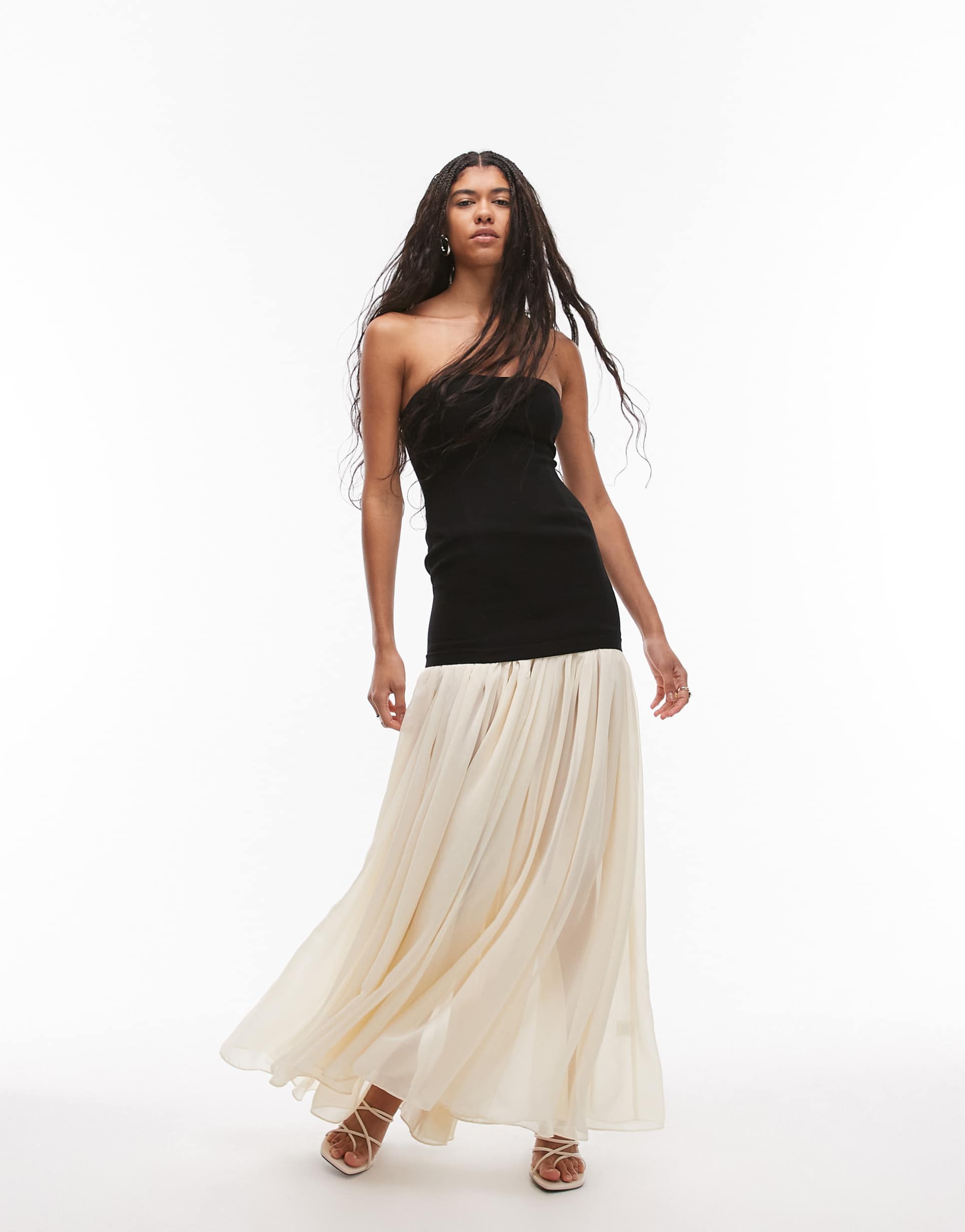 heiress beverly hills bandeau drop waist chiffon maxi dress in black & cream