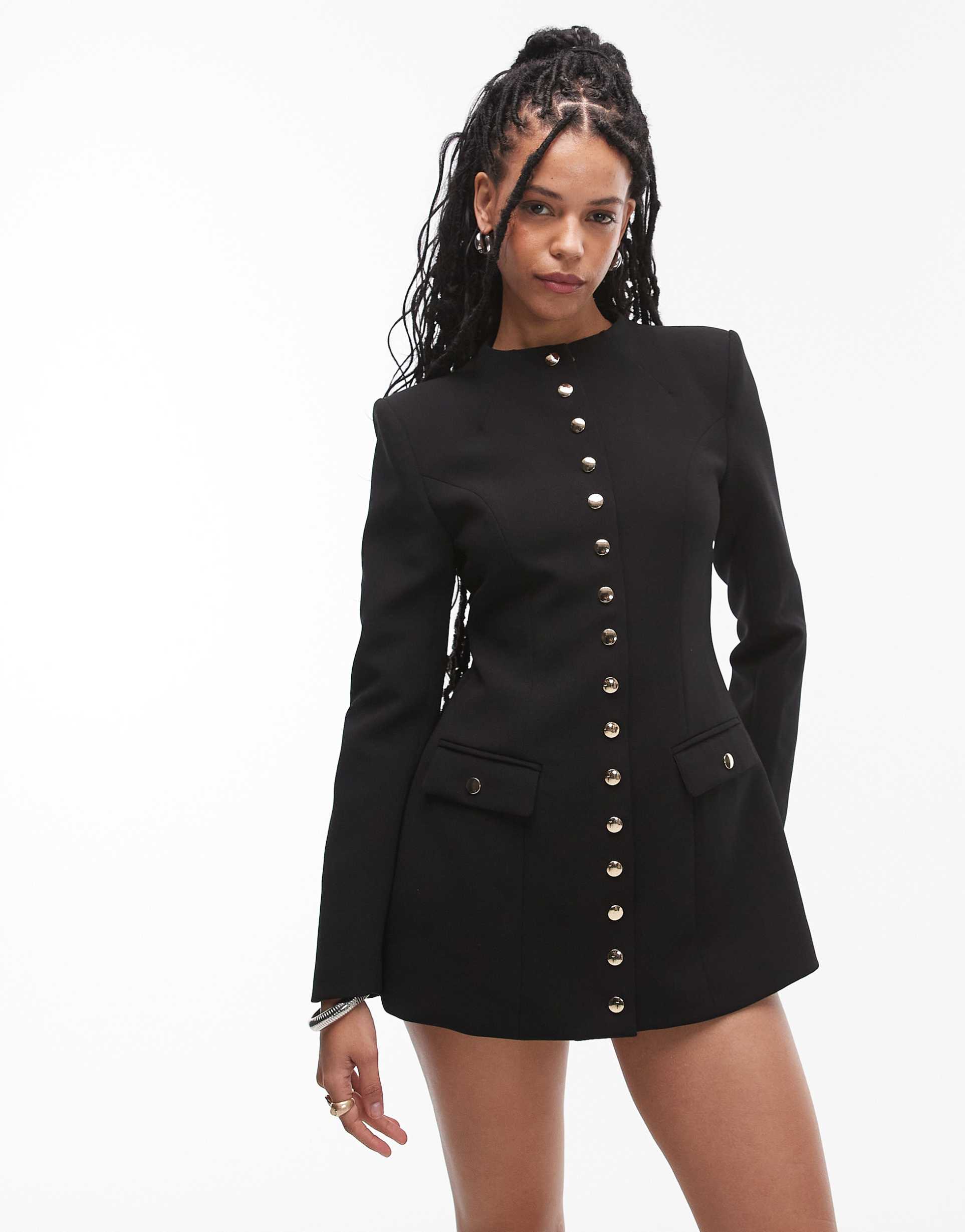 heiress beverly hills button through long sleeve shoulder pad mini dress in black