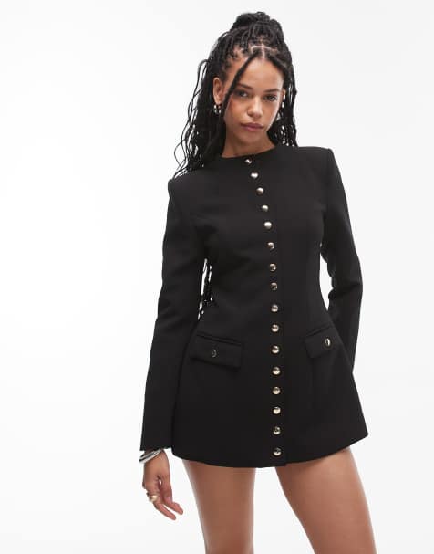 Heiress Beverly Hills button through long sleeve shoulder pad mini dress in black