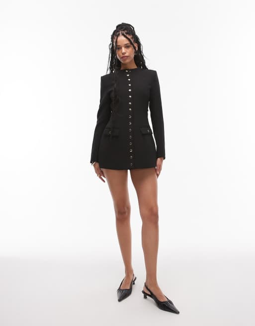 Heiress Beverly Hills button through long sleeve shoulder pad mini dress in black, 2 of 4