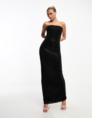 Heiress Beverly Hills – Czarna kolumnowa sukienka maxi bodycon z dekoltem bandeau zdobiona strasami na całej powierzchni