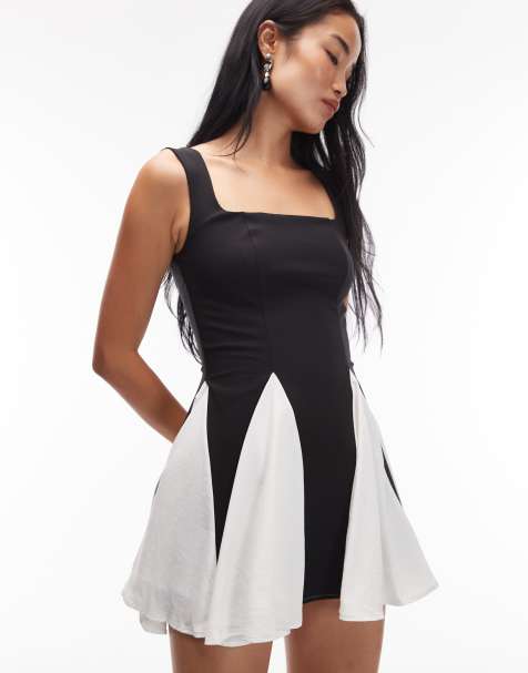 Heiress Beverly Hills square neck contrast pleat hem mini dress in black and white
