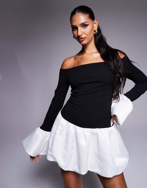 Heiress Beverly Hills Exclusive bardot contrast puff sleeve bubble hem mini dress in black and white